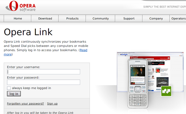 link.opera.comのログイン画面